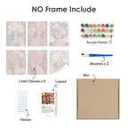 What's included without a frame: six rolled Flower Crowned mini canvases, acrylic paints, three brushes and layout