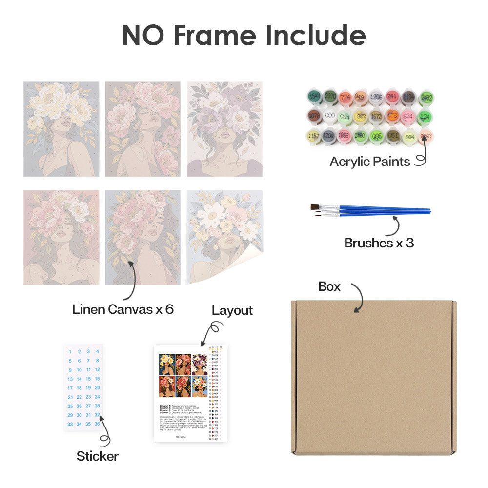 What's included without a frame: six rolled Flower Crowned mini canvases, acrylic paints, three brushes and layout