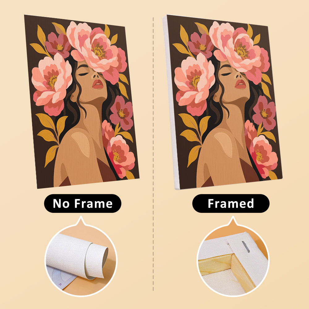 Flower Crowned mini canvas shown rolled without a frame and pre-stretched on a frame