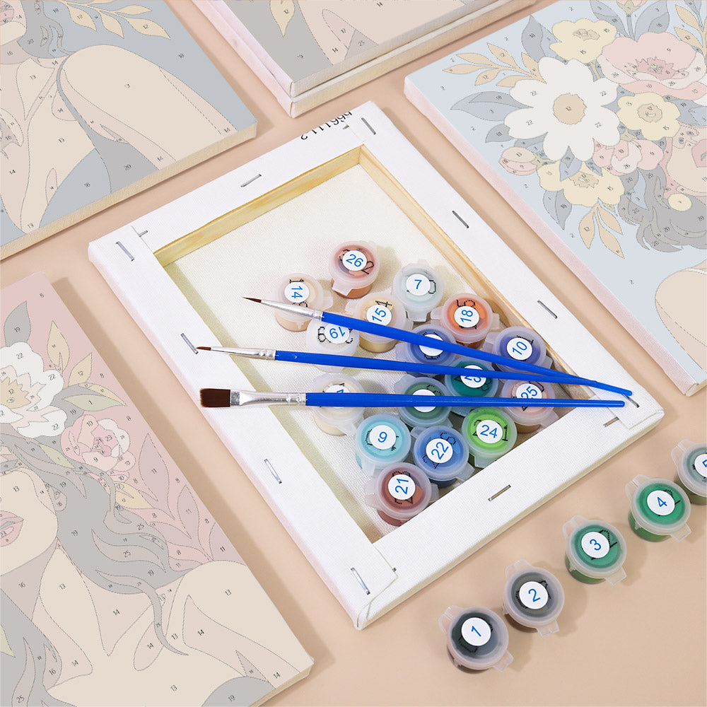 Numbered paint pots and brushes on a pre-stretched Flower Crowned mini canvas