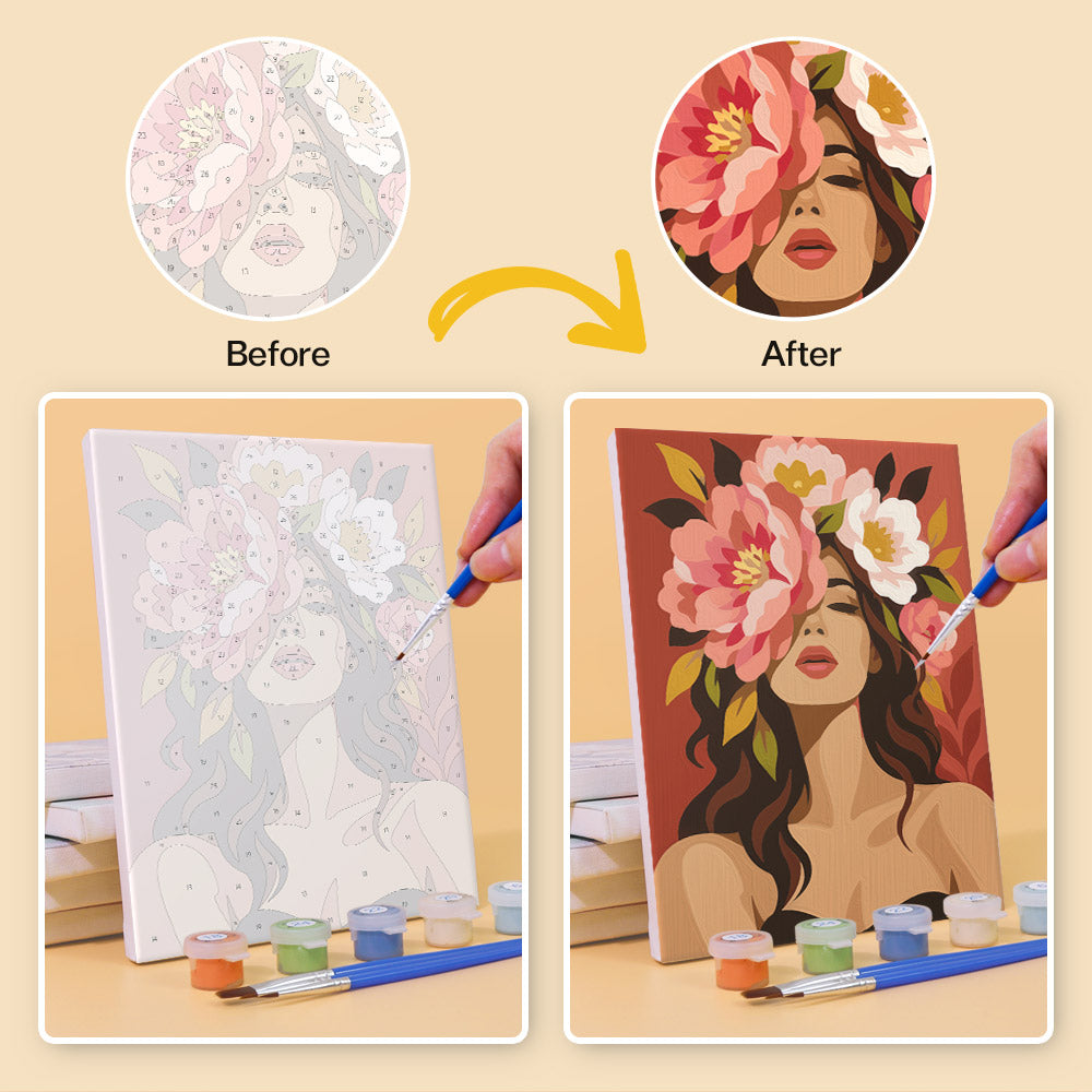 Before and after of a Flower Crowned mini paint by numbers canvas