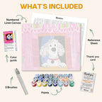 What's included in the Fluffy Friend paint by numbers kit: numbered linen canvas, reference sheet, color guide, 24 acrylic paints, 3 brushes and thank you card