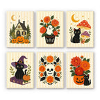 Folk Art Halloween mini paint by numbers set: six folk-style designs with a cottage, a flower-pot ghost, black cats, a skull wreath and a pumpkin vase