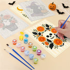Filling in a Folk Art Halloween mini canvas with numbered acrylic paints and a fine brush