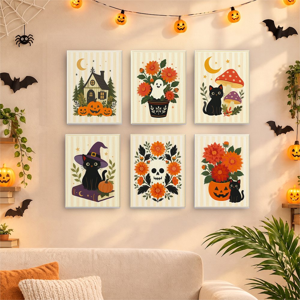 Six finished Folk Art Halloween mini paintings hung on a wall above a table