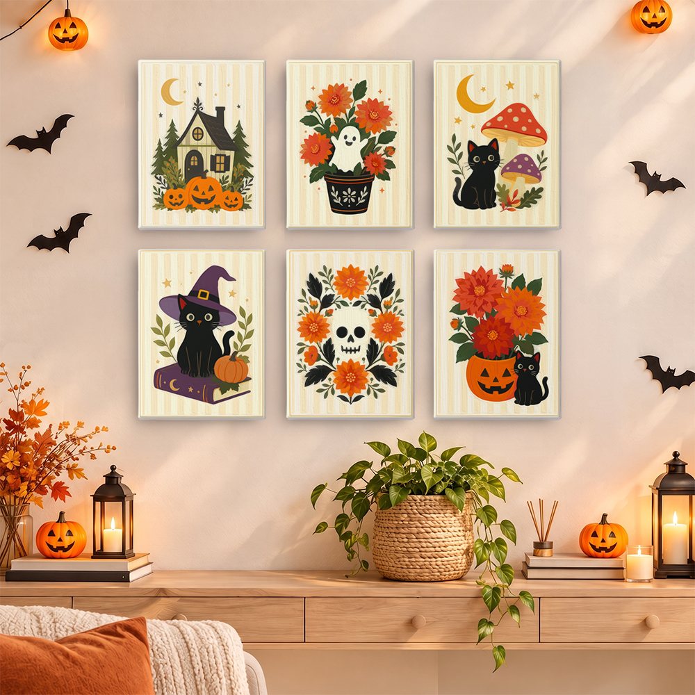 Folk Art Halloween mini paintings displayed as a gallery wall in a sunny kitchen