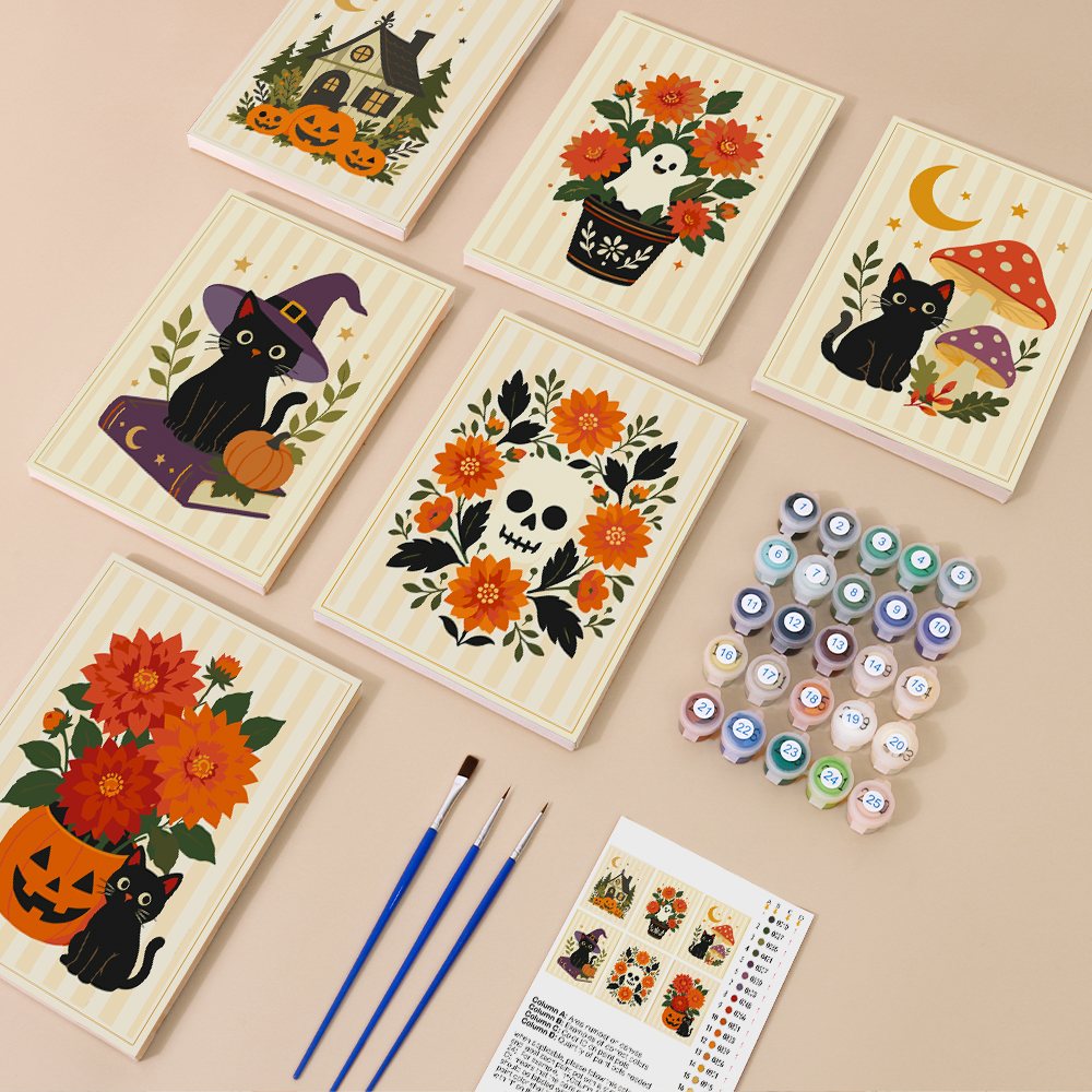 Folk Art Halloween mini paint by numbers kit with six numbered canvases, acrylic paints, brushes and layout