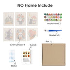 What's included without a frame: six rolled Folk Art Halloween mini canvases, acrylic paints, three brushes and layout