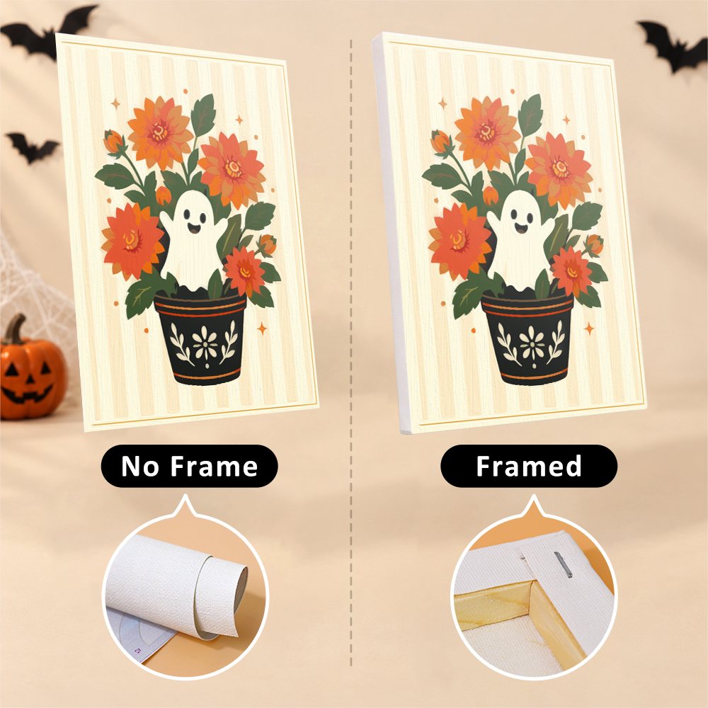 Folk Art Halloween mini canvas shown rolled without a frame and pre-stretched on a frame