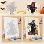 Before and after of a Folk Art Halloween mini paint by numbers canvas