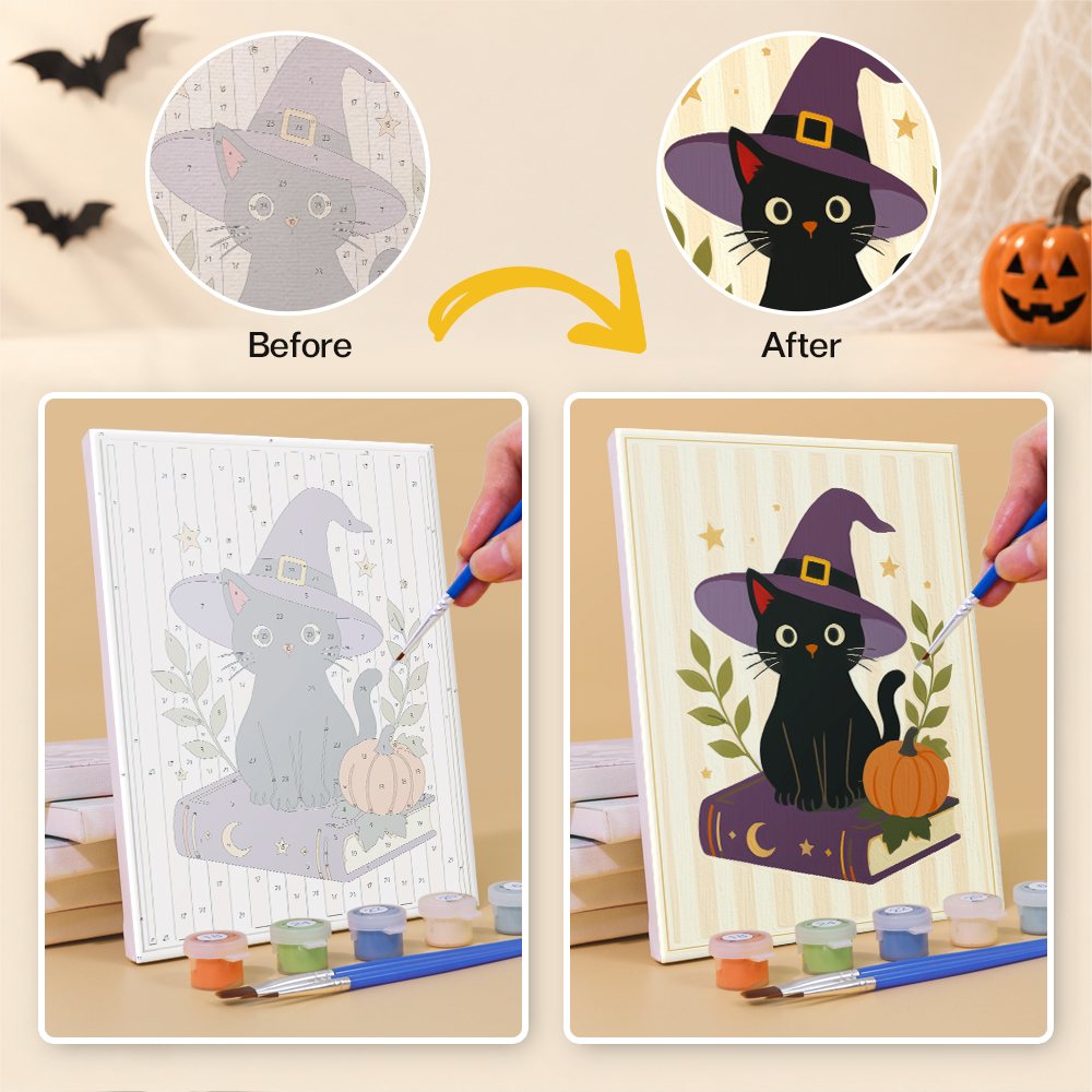Before and after of a Folk Art Halloween mini paint by numbers canvas
