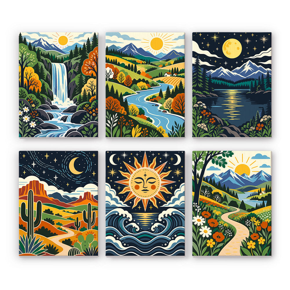 Folk Art Landscapes mini paint by numbers set: six folk-art scenes of a waterfall, river valley, moonlit lake, desert, sun over waves and meadow path