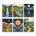 Folk Art Landscapes mini paint by numbers set: six folk-art scenes of a waterfall, river valley, moonlit lake, desert, sun over waves and meadow path