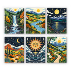 Folk Art Landscapes mini paint by numbers set: six folk-art scenes of a waterfall, river valley, moonlit lake, desert, sun over waves and meadow path