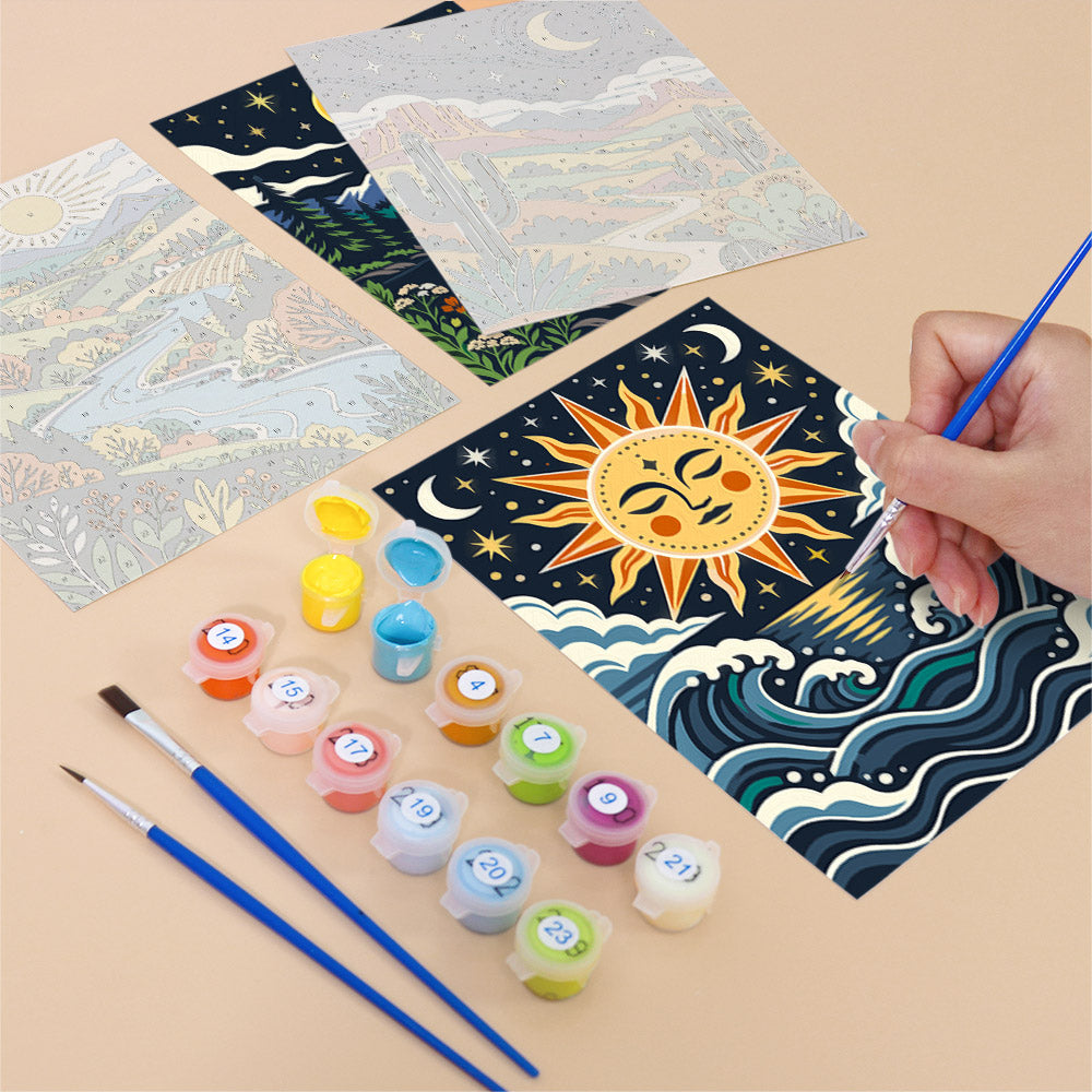Filling in a Folk Art Landscapes mini canvas with numbered acrylic paints and a fine brush
