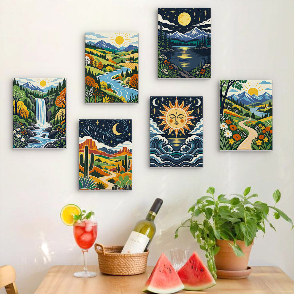 Six finished Folk Art Landscapes mini paintings hung on a wall above a table