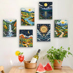 Six finished Folk Art Landscapes mini paintings hung on a wall above a table