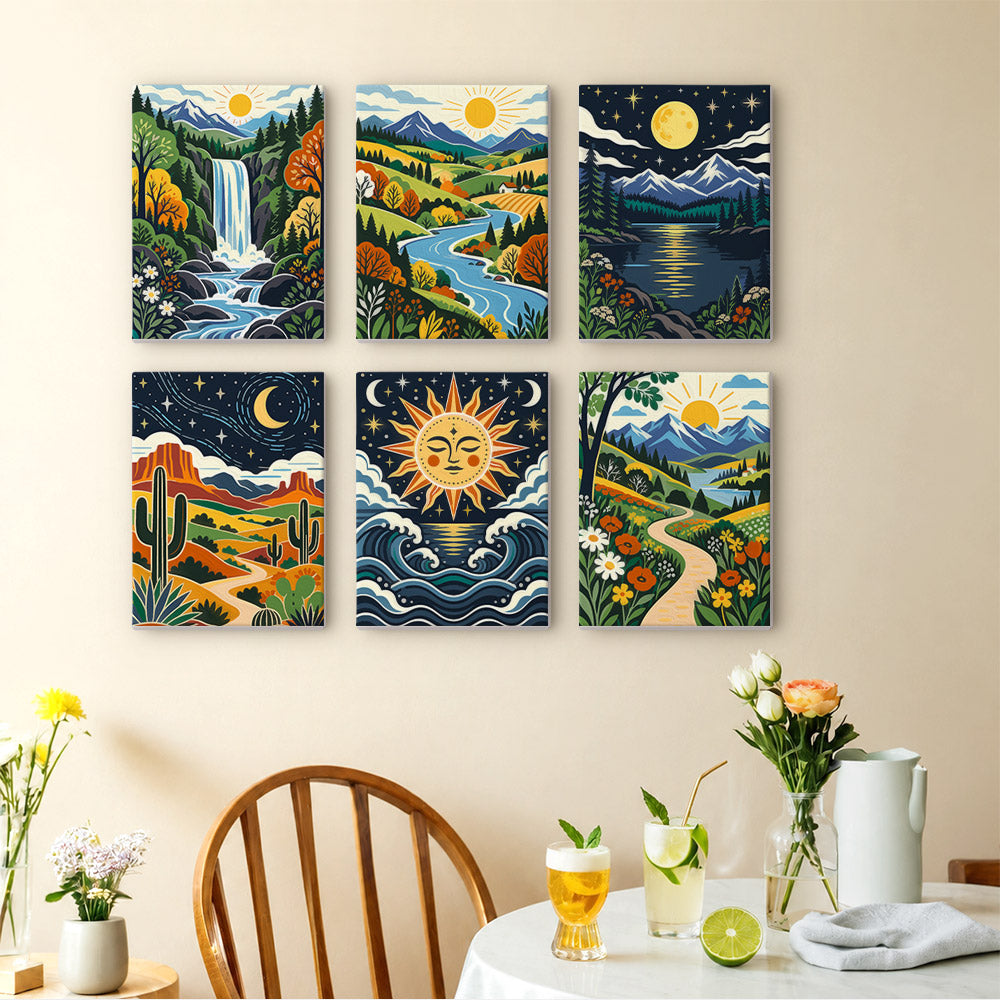 Folk Art Landscapes mini paintings displayed as a gallery wall in a sunny kitchen