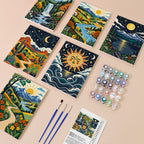 Folk Art Landscapes mini paint by numbers kit with six numbered canvases, acrylic paints, brushes and layout