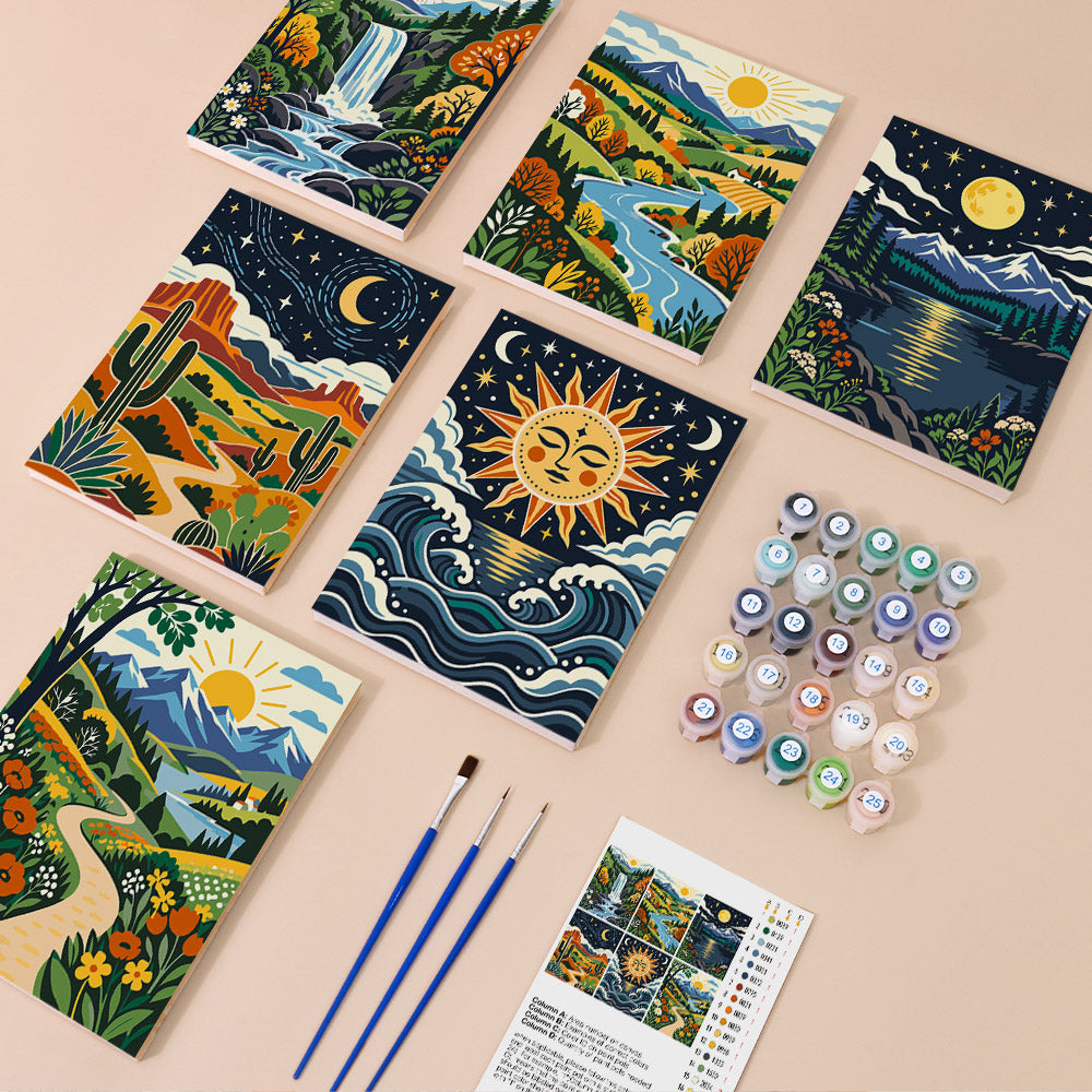 Folk Art Landscapes mini paint by numbers kit with six numbered canvases, acrylic paints, brushes and layout