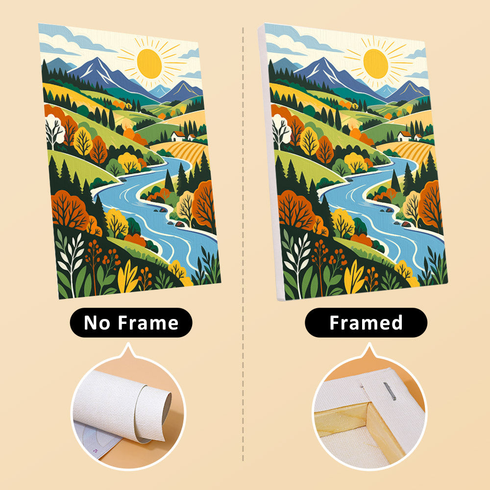 Folk Art Landscapes mini canvas shown rolled without a frame and pre-stretched on a frame