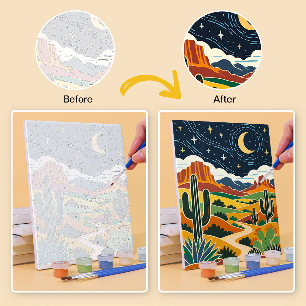 Before and after of a Folk Art Landscapes mini paint by numbers canvas