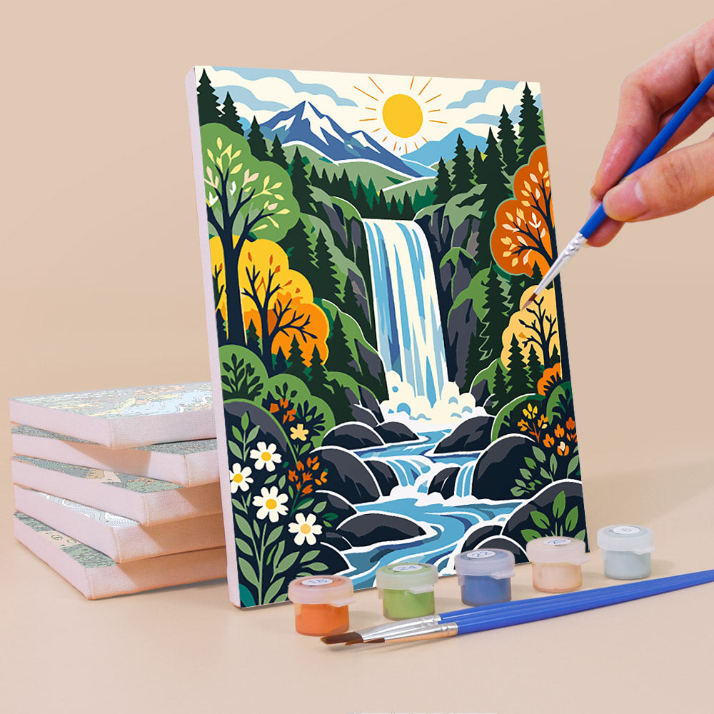 Painting a Folk Art Landscapes mini canvas propped up beside numbered acrylic paints