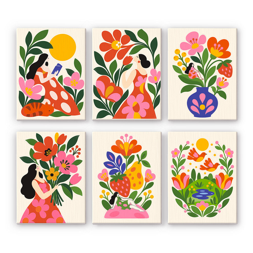 Folk Blossoms mini paint by numbers set: six folk-art designs of women among oversized flowers, strawberries and vases