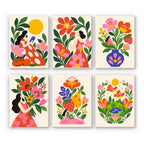 Folk Blossoms mini paint by numbers set: six folk-art designs of women among oversized flowers, strawberries and vases
