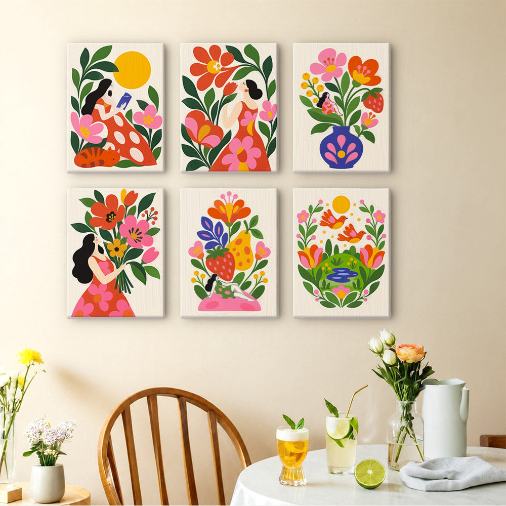 Folk Blossoms mini paintings displayed as a gallery wall in a sunny kitchen