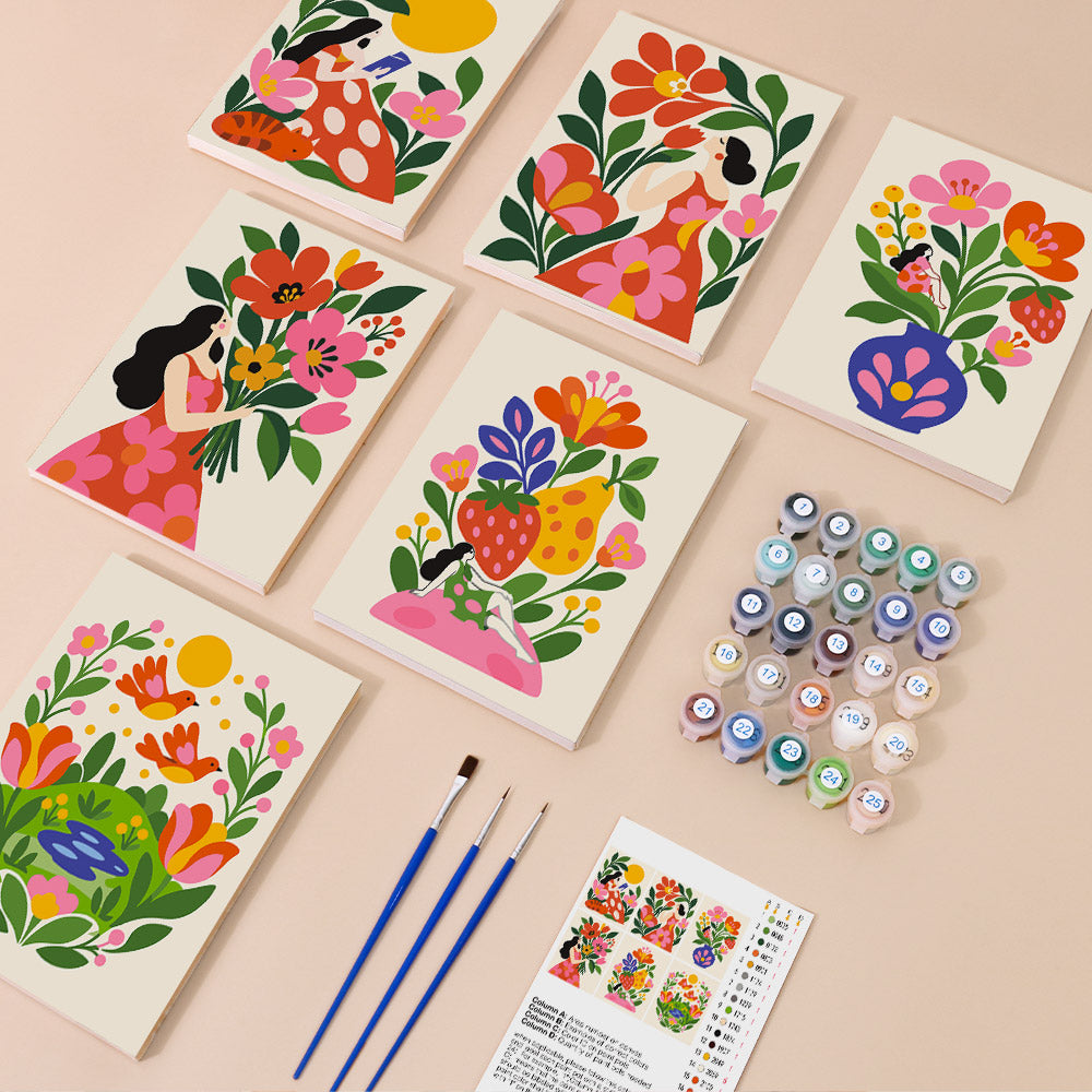 Folk Blossoms mini paint by numbers kit with six numbered canvases, acrylic paints, brushes and layout