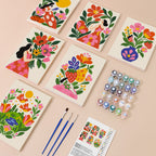 Folk Blossoms mini paint by numbers kit with six numbered canvases, acrylic paints, brushes and layout