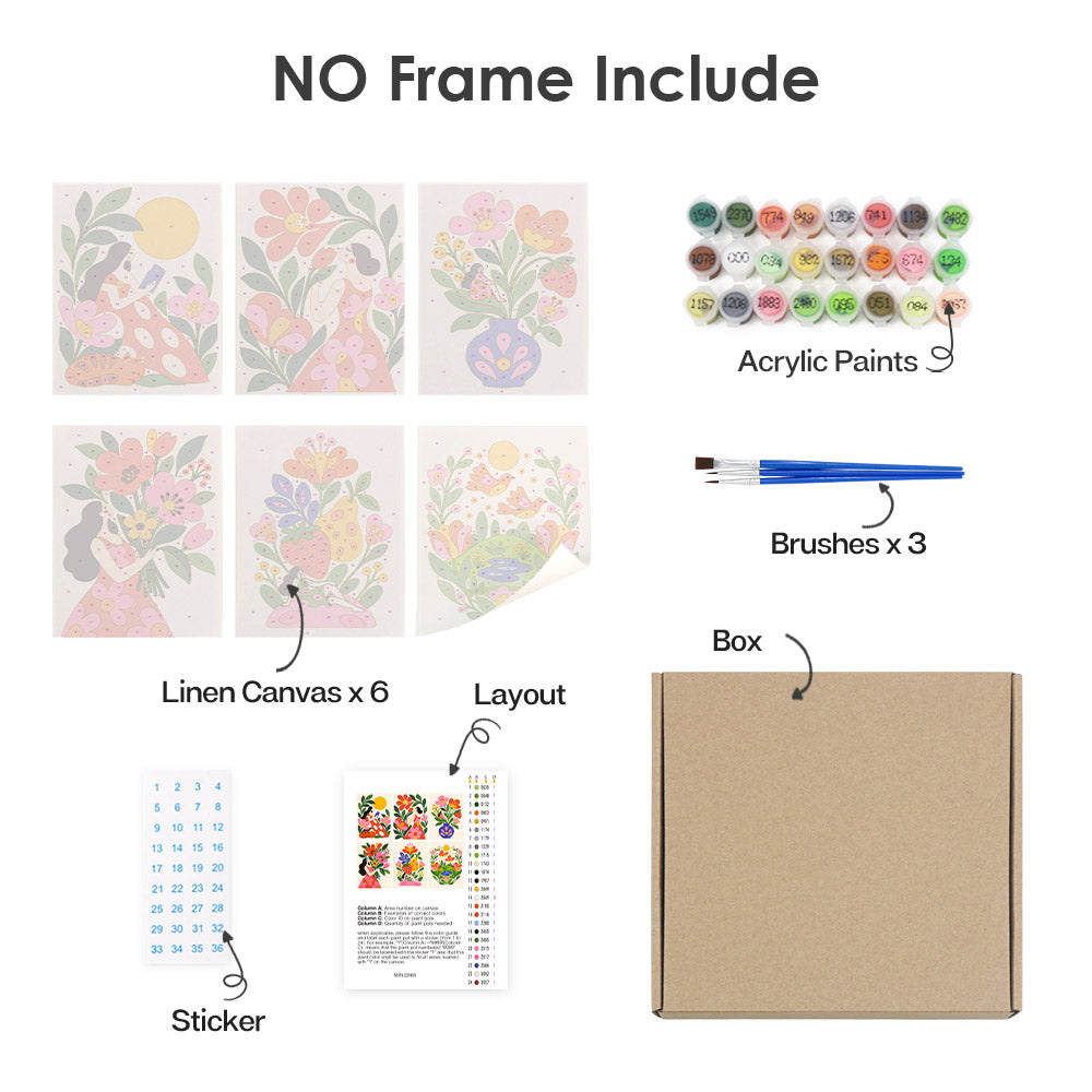 What's included without a frame: six rolled Folk Blossoms mini canvases, acrylic paints, three brushes and layout