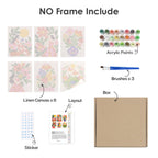 What's included without a frame: six rolled Folk Blossoms mini canvases, acrylic paints, three brushes and layout