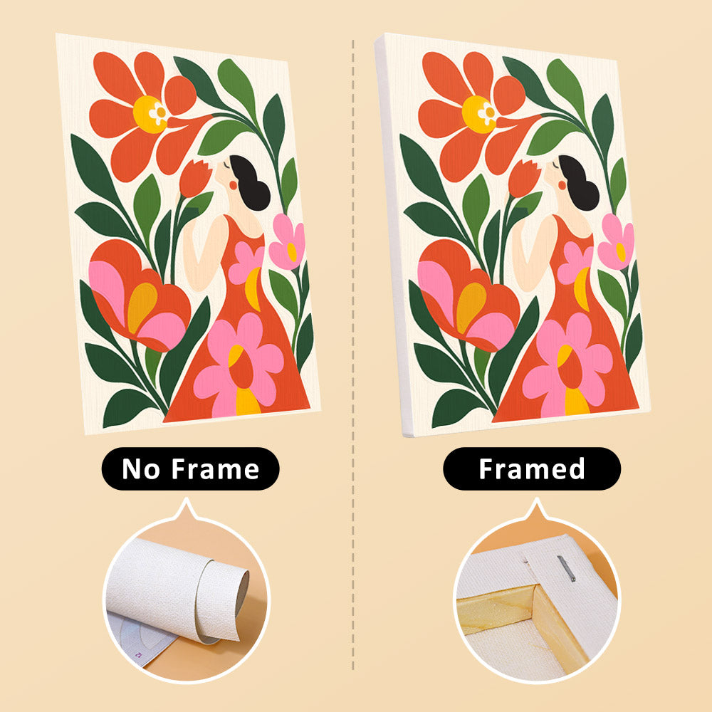 Folk Blossoms mini canvas shown rolled without a frame and pre-stretched on a frame