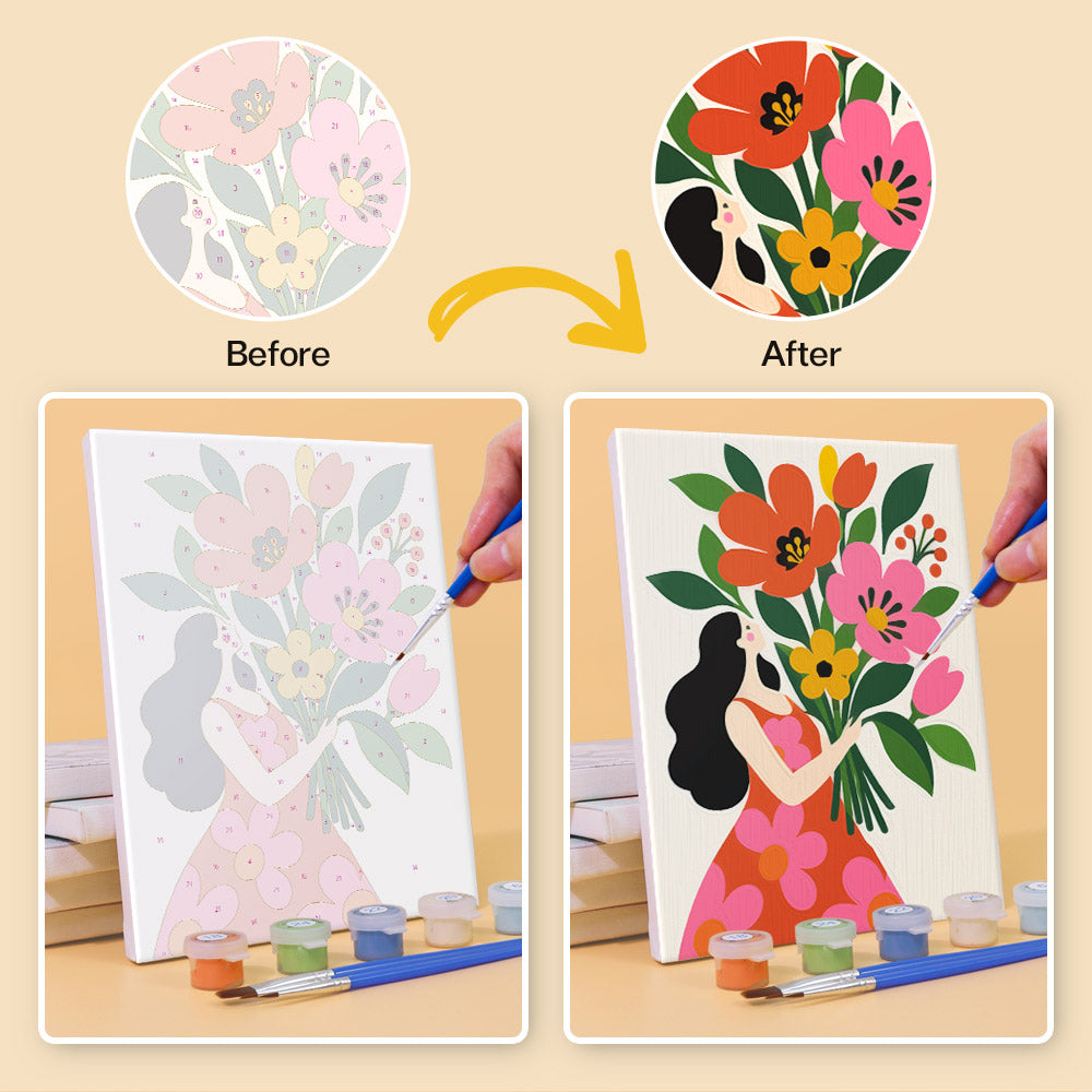 Before and after of a Folk Blossoms mini paint by numbers canvas