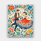 Folk Dance Celebration paint by numbers kit of a couple dancing in traditional dress among stylized folk flowers and birds