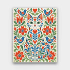 Folk Flower Cat paint by numbers kit of a stylized folk-art cat filled with red and blue flowers, hearts and birds on cream