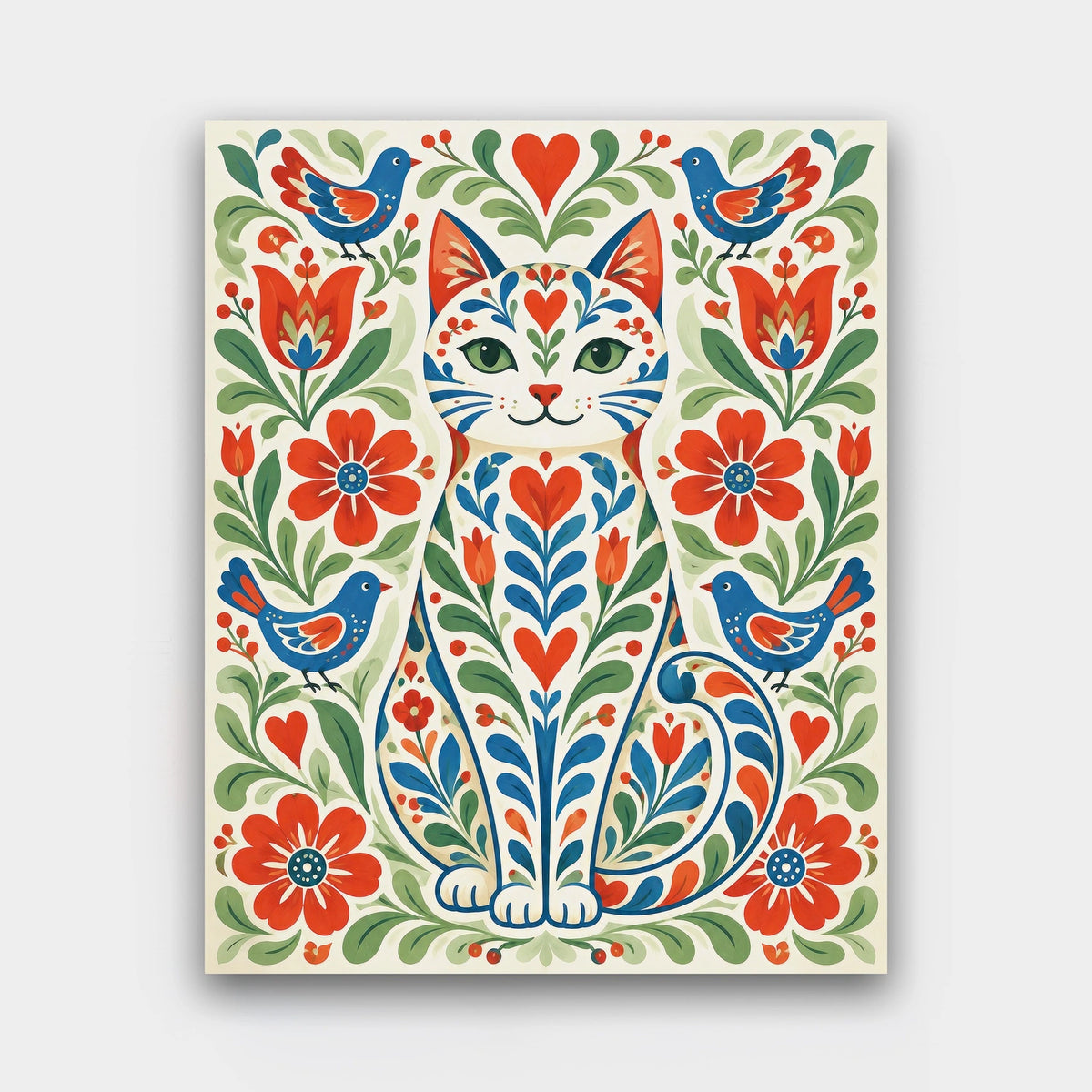 Folk Flower Cat paint by numbers kit of a stylized folk-art cat filled with red and blue flowers, hearts and birds on cream