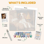 What's included in the Forgotten Evenings paint by numbers kit: numbered linen canvas, reference sheet, color guide, 24 acrylic paints, 3 brushes and thank you card
