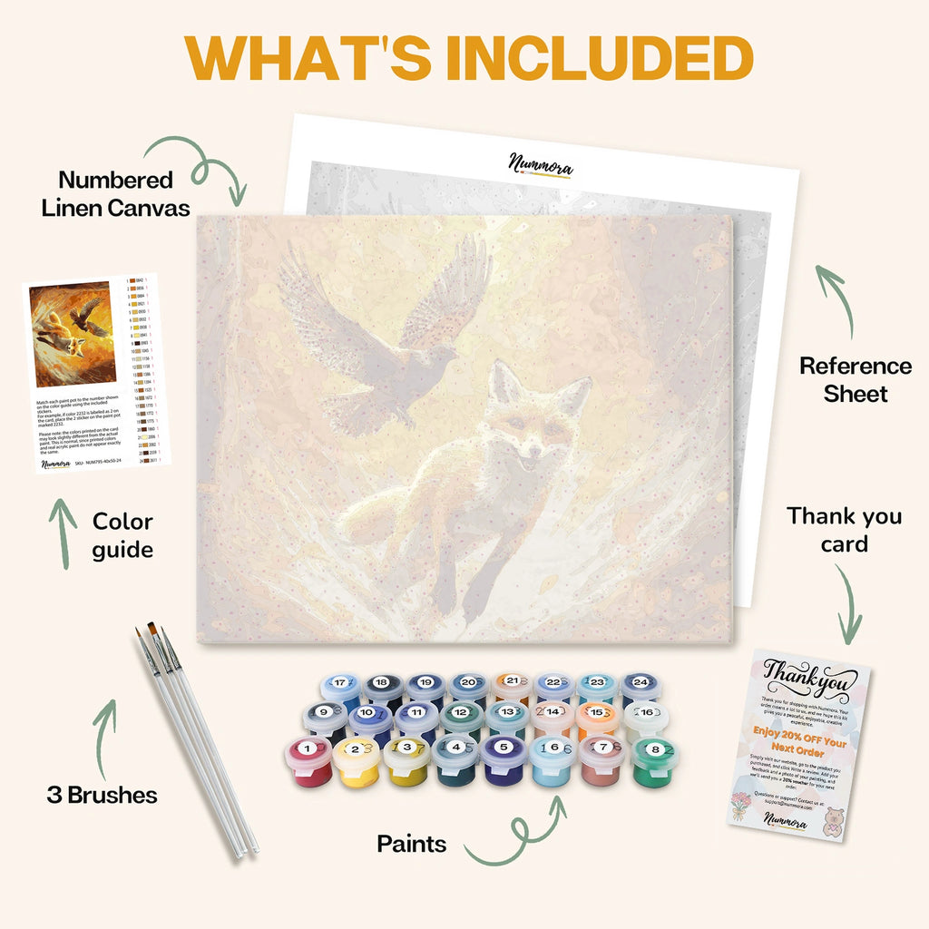 What's included in the Fox and Bird paint by numbers kit: numbered linen canvas, reference sheet, color guide, 24 acrylic paints, 3 brushes and thank you card