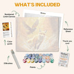 What's included in the Fox and Bird paint by numbers kit: numbered linen canvas, reference sheet, color guide, 24 acrylic paints, 3 brushes and thank you card