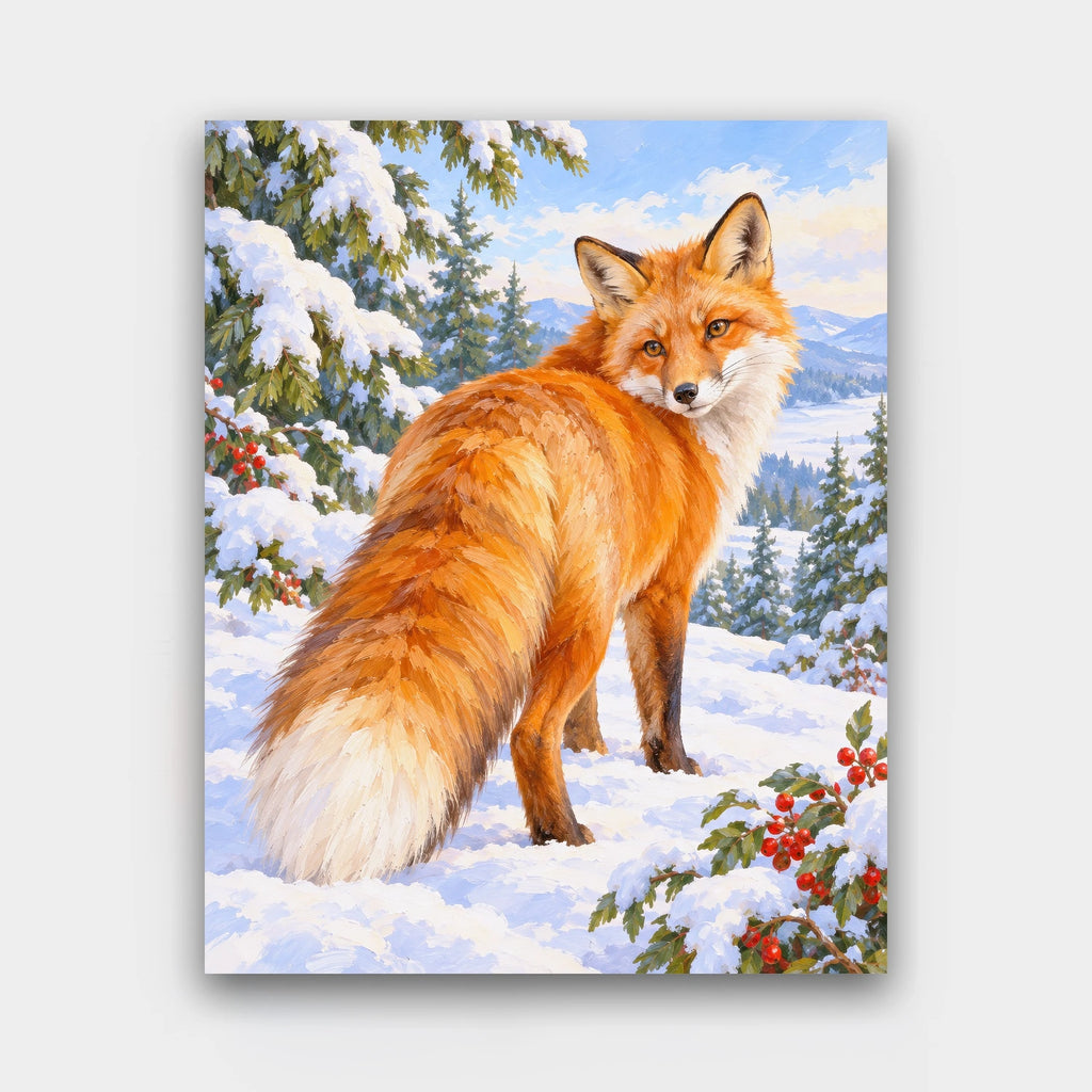 Fox at the Forest Edge paint by numbers kit of a red fox looking over its shoulder in fresh snow beside berry-laden pines