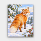 Fox at the Forest Edge paint by numbers kit of a red fox looking over its shoulder in fresh snow beside berry-laden pines