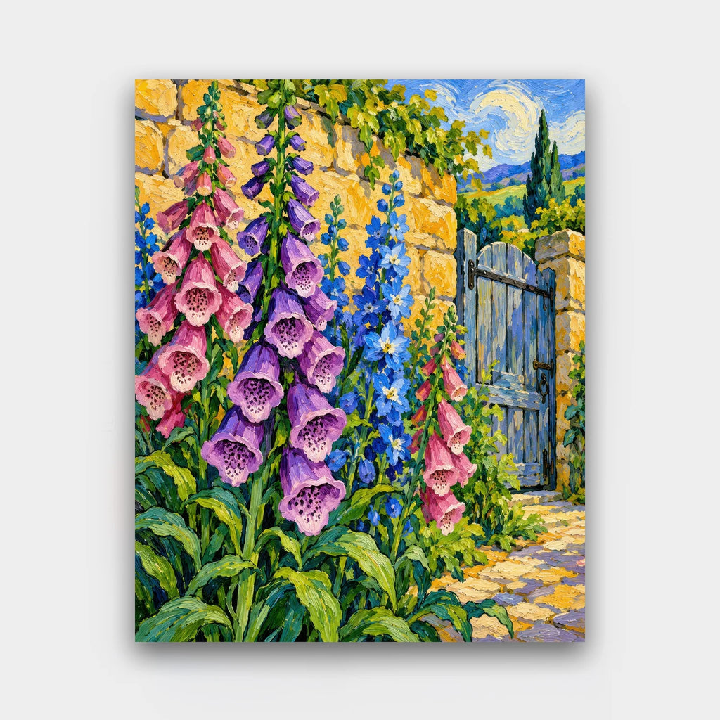 Foxgloves at the Gate paint by numbers kit of tall pink and purple foxgloves and blue delphiniums by a stone wall and blue gate