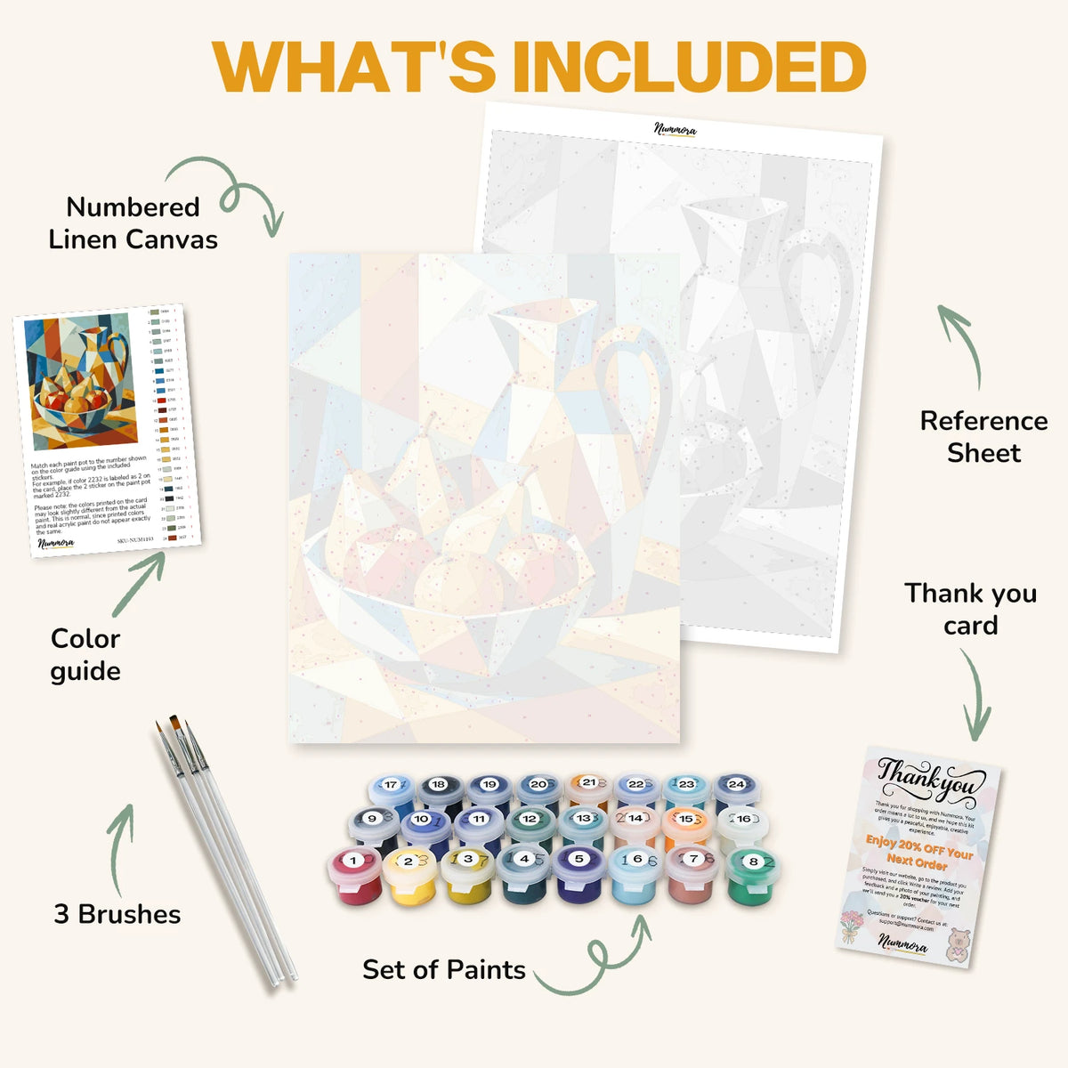 What's included in the Fractured Fruit Bowl paint by numbers kit: numbered linen canvas, reference sheet, color guide, 24 acrylic paints, 3 brushes and thank you card