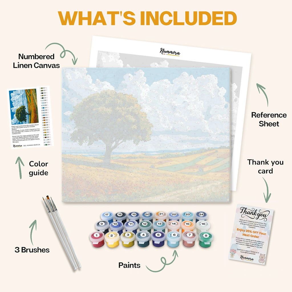 What's included in the Free fields paint by numbers kit: numbered linen canvas, reference sheet, color guide, 24 acrylic paints, 3 brushes and thank you card
