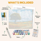 What's included in the Free fields paint by numbers kit: numbered linen canvas, reference sheet, color guide, 24 acrylic paints, 3 brushes and thank you card