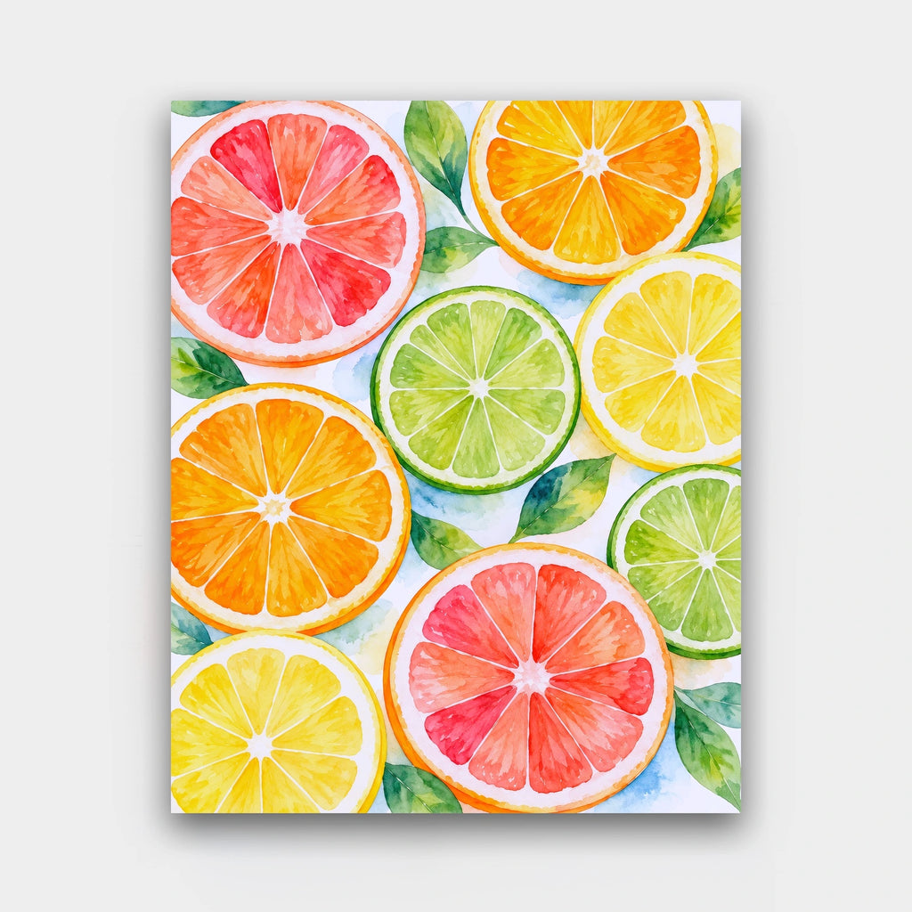 Fresh-Cut Citrus paint by numbers kit of slices of orange, lemon, lime and grapefruit scattered on white in watercolor