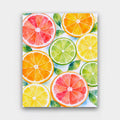 Fresh-Cut Citrus paint by numbers kit of slices of orange, lemon, lime and grapefruit scattered on white in watercolor
